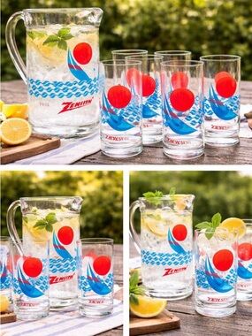 Zenith Plastic Pitcher and Tumbler Set in Blue and Red Nautical Motif